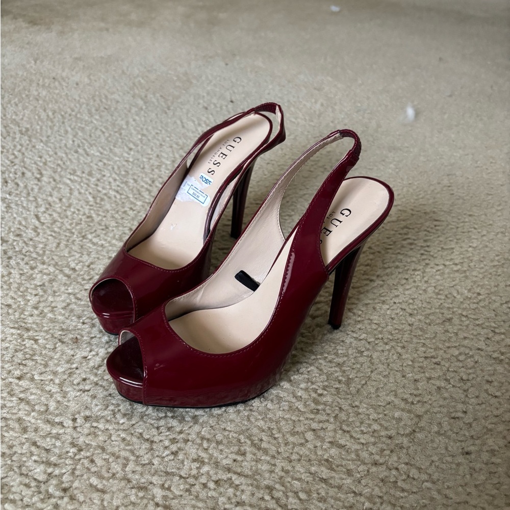 GUESS Burgundy Patent Peep-Toe Slingback Heels